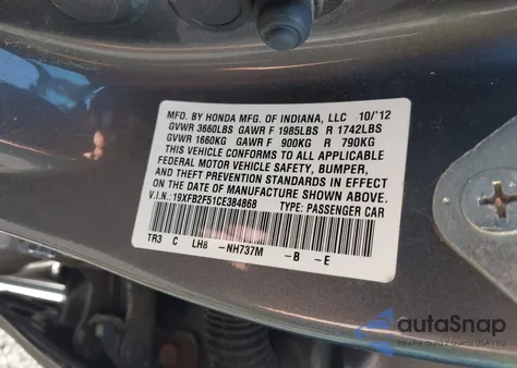 2012 Honda Civic Lx from USA, damaged, VIN 19XFB2F51CE384868